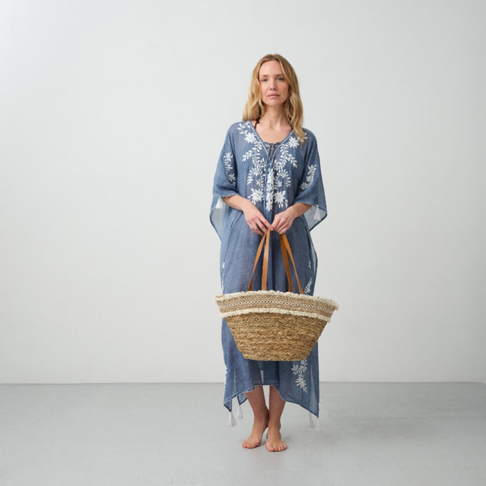 Capazo playa fibras naturales y cinta decorativa Becca color marfil natural