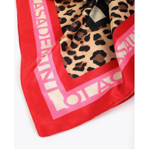Sciarpa in raso con stampa combinata a righe e leopardo