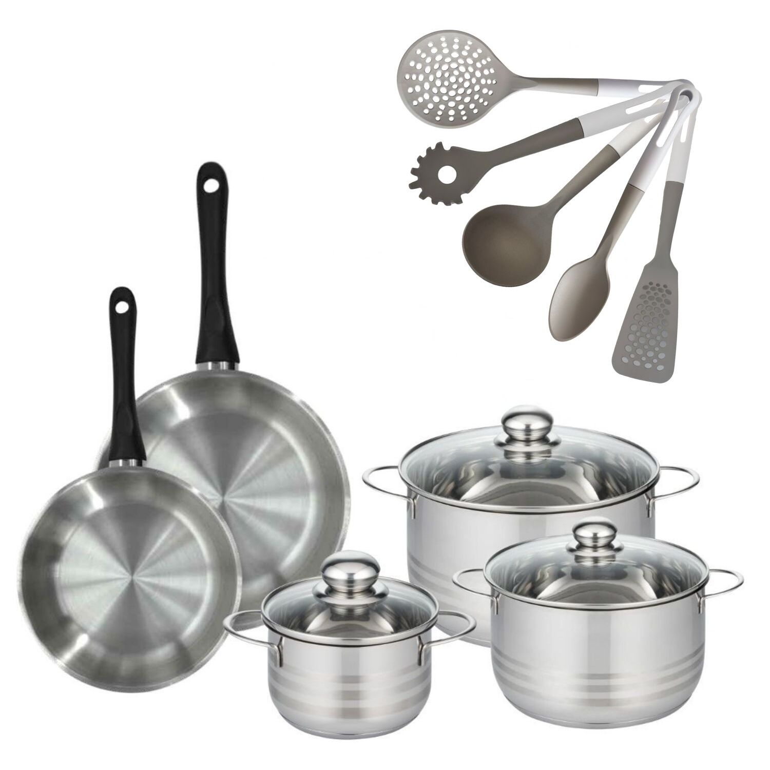 Lot de 2 Poêles Fackelmann Geneva avec 3 Faitouts 16/20/24cm et 5 Ustensiles Vario