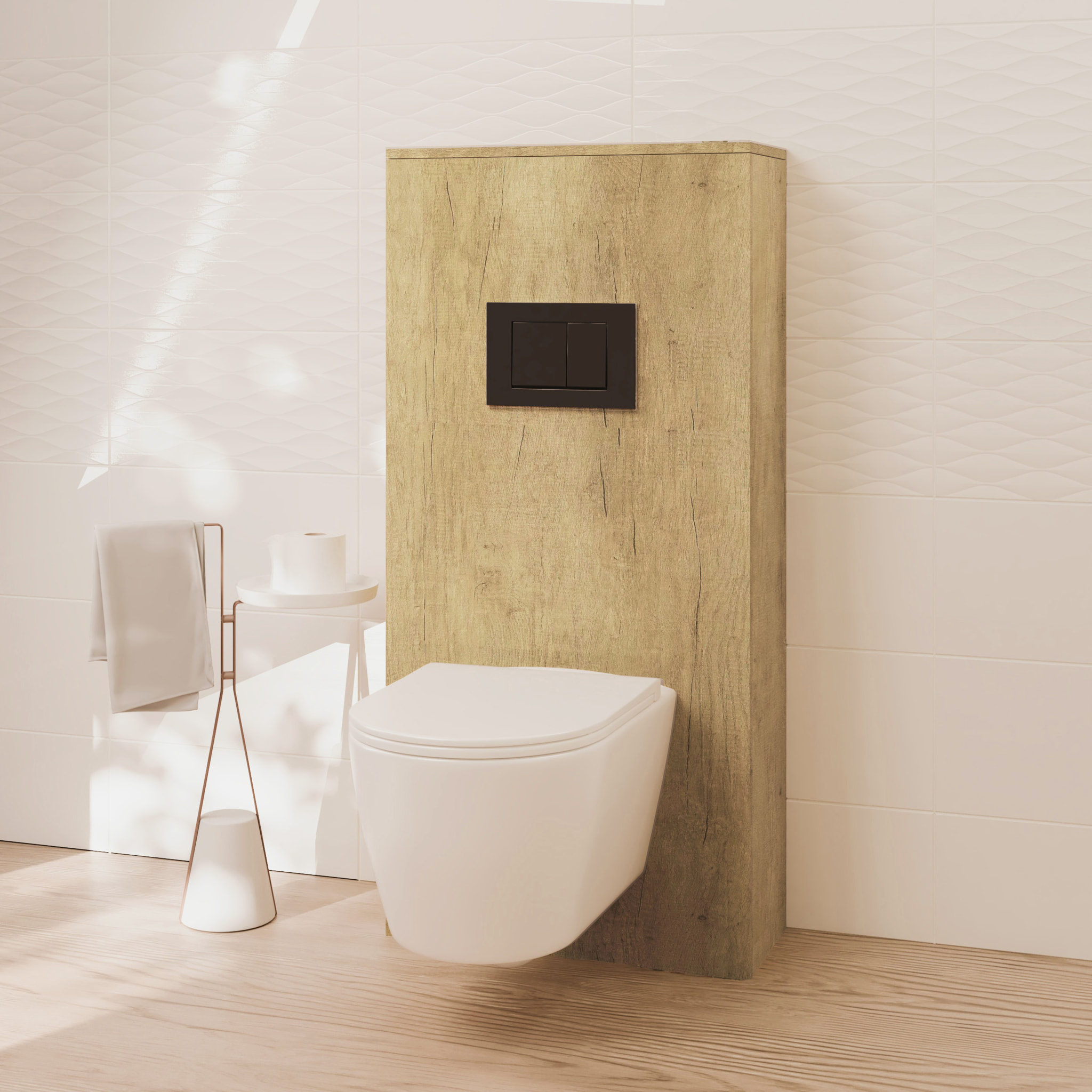 Pack Wc Suspendido + Bastidor + Caja Nature | Inodoro Blanco Mate | Pulsador Negro | Cisterna Empotrada | Tapa Amortiguada | Alday