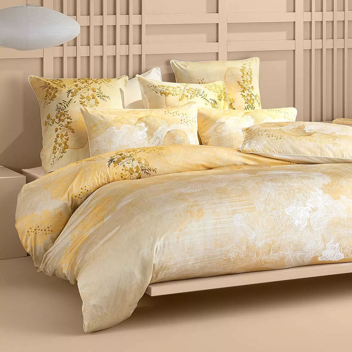 Housse de couette satin de coton imprimé jaune or Soleil d'or dore