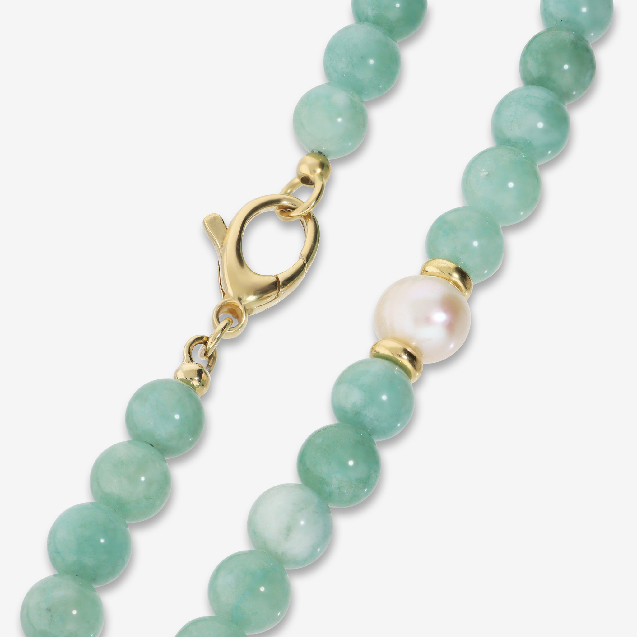 PERLAVIVA - Collana Lunga in Argento 925 placcato Oro Giallo 18kt con Quarzite Verde e Perle d'Acqua Dolce Bianche Ø 9/10 mm