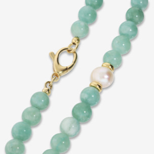 PERLAVIVA - Collana Lunga in Argento 925 placcato Oro Giallo 18kt con Quarzite Verde e Perle d'Acqua Dolce Bianche Ø 9/10 mm