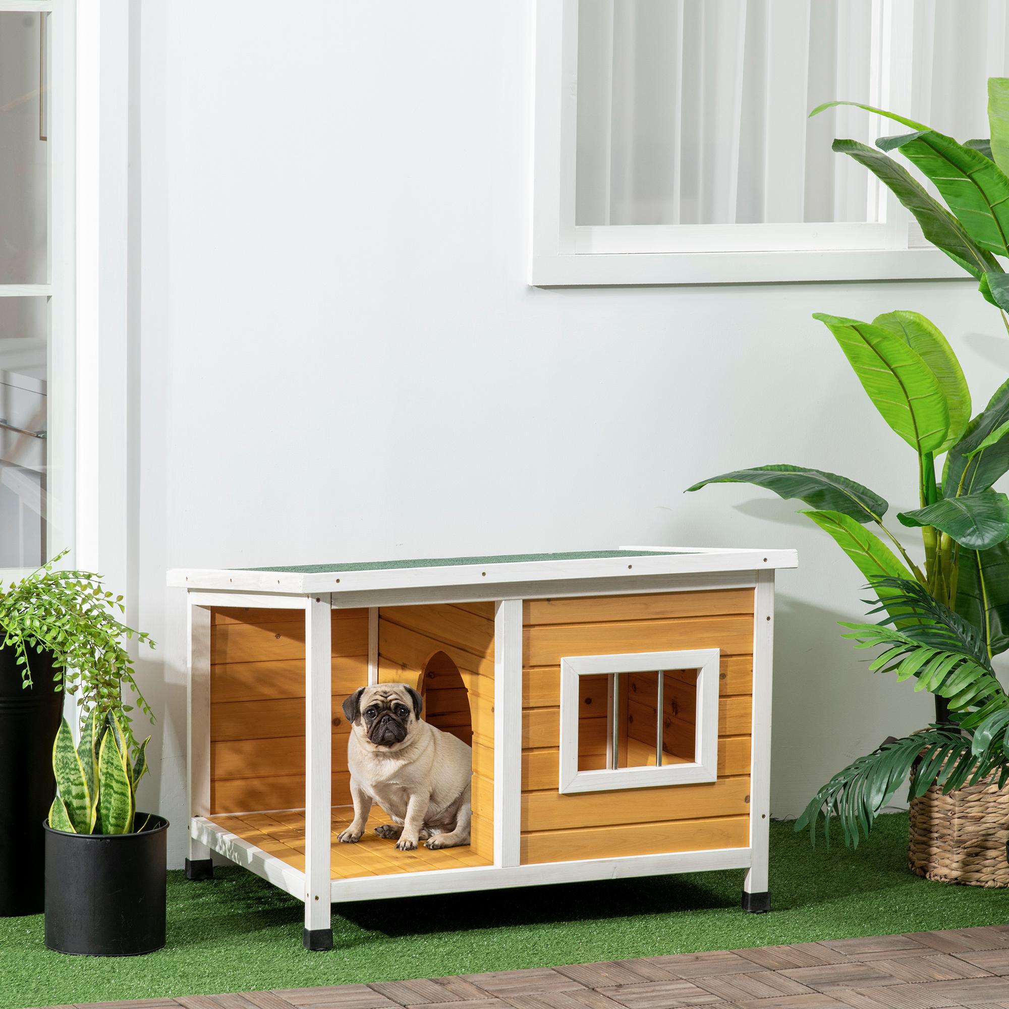 Caseta para Perros de Madera 85,5x62x60 cm Casa para Mascotas Refugio para Perros con Techo Asfáltico Impermeable y Ventana para Interior Exterior Natural