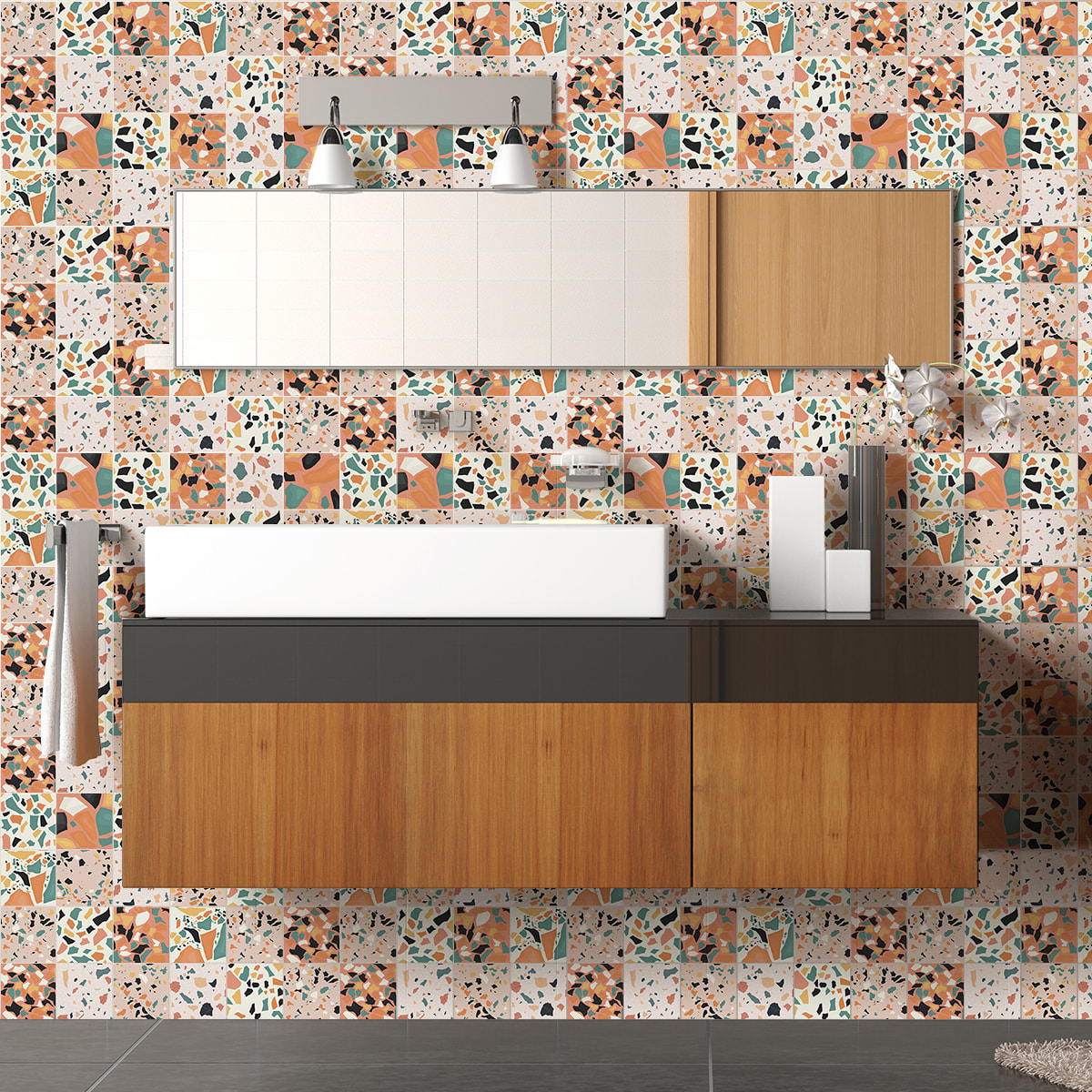 Stickers muraux - Sticker Mural Carrelage adhésif Cuisine Salle de Bain - 60 STICKERS CARREAUX DE CIMENT TERRAZZO ZOILO