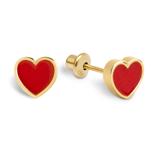 Pendientes Heart Red Enamel Plata Baño Oro
