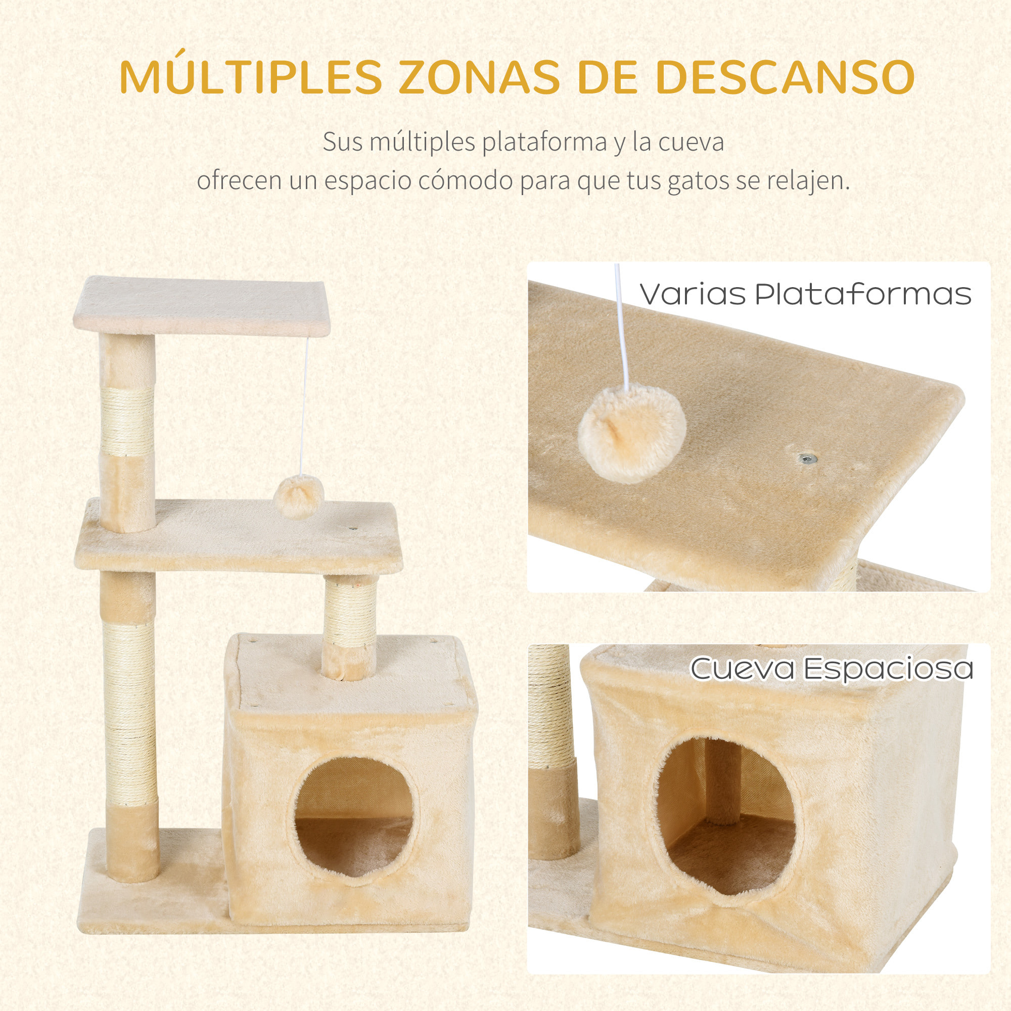 árbol Rascador para Gatos de Felpa y Sisal 50x30x80cm Beige