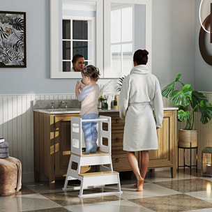 Torre de Aprendizaje 2 en 1 Taburete de Aprendizaje para Niños de +3 Años con Pizarra y Barrera de Seguridad para Baño Cocina 55x52,5x87,5 cm Blanco