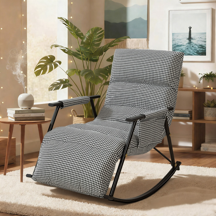 Silla Mecedora con Respaldo y Reposapiés Ajustables, Mecedora Sillón Balancín 105°, Tapizada en Lino, con Bolsillo Lateral y Marco de Metal, Carga 120 kg, para Dormitorio, Salón, Negro y Blanco