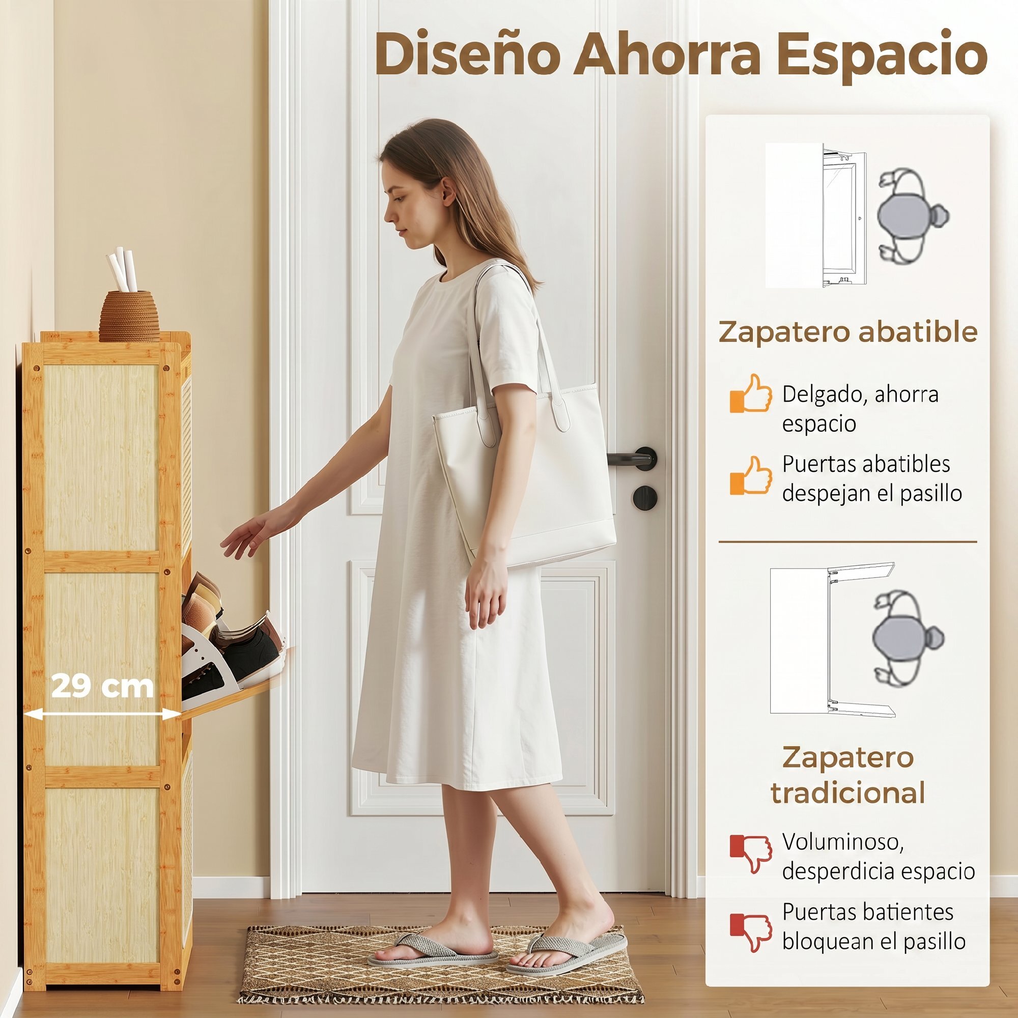 Zapatero Estrecho de Bambú con 3 Cajones Abatibles de Ratán, Mueble Zapatero Bohemio con Estantes Ajustables, para 18-21 Pares de Zapatos, para Pasillos, Entradas, 69x29x119,8 cm, Natural