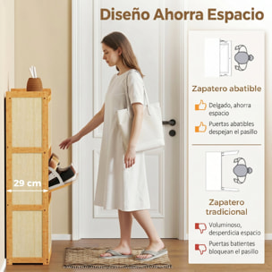 Zapatero Estrecho de Bambú con 3 Cajones Abatibles de Ratán, Mueble Zapatero Bohemio con Estantes Ajustables, para 18-21 Pares de Zapatos, para Pasillos, Entradas, 69x29x119,8 cm, Natural