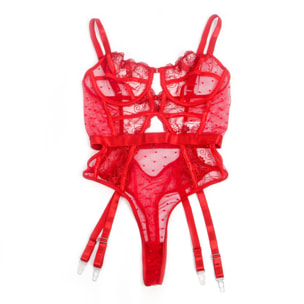 Body sexy con encaje bordado y tirantes calados en color rojo