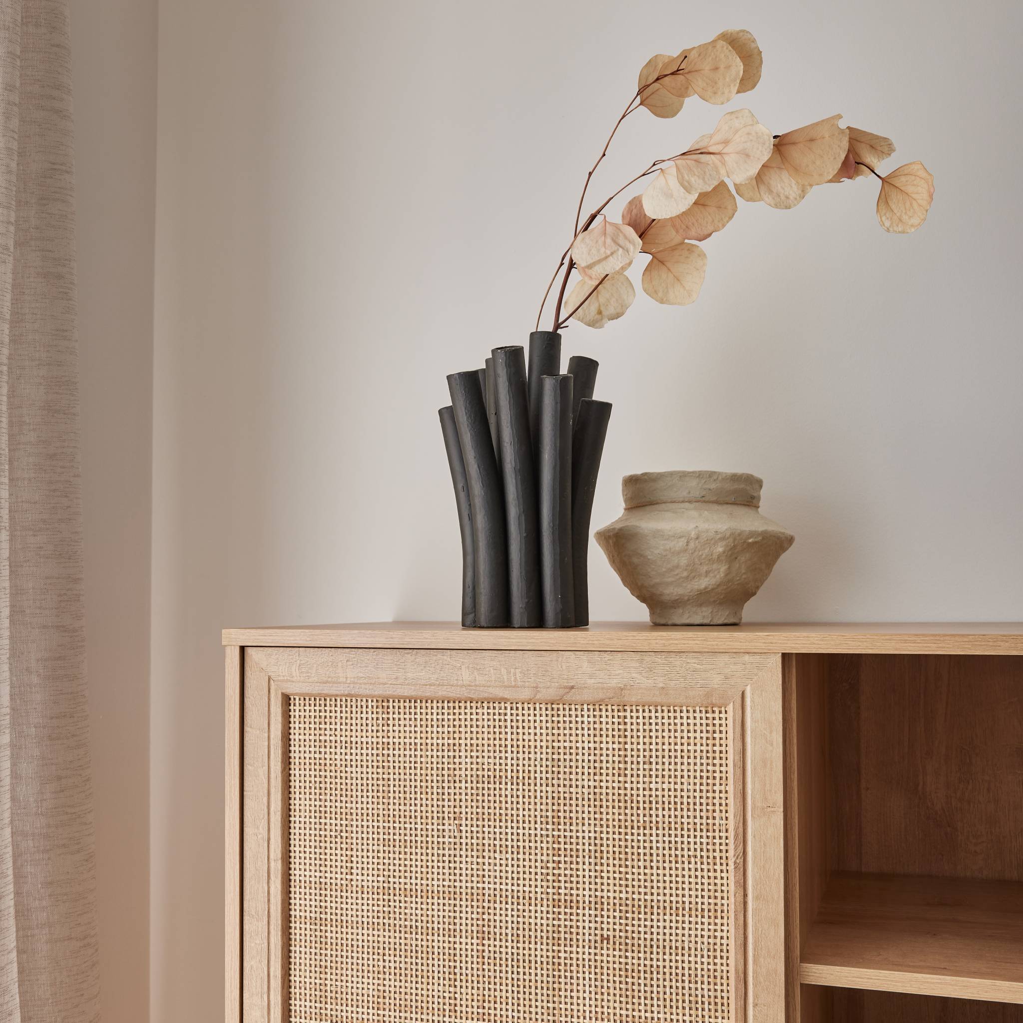 Buffet décor bois et cannage 1 porte 2 tiroirs 101,5cm BOHÈME