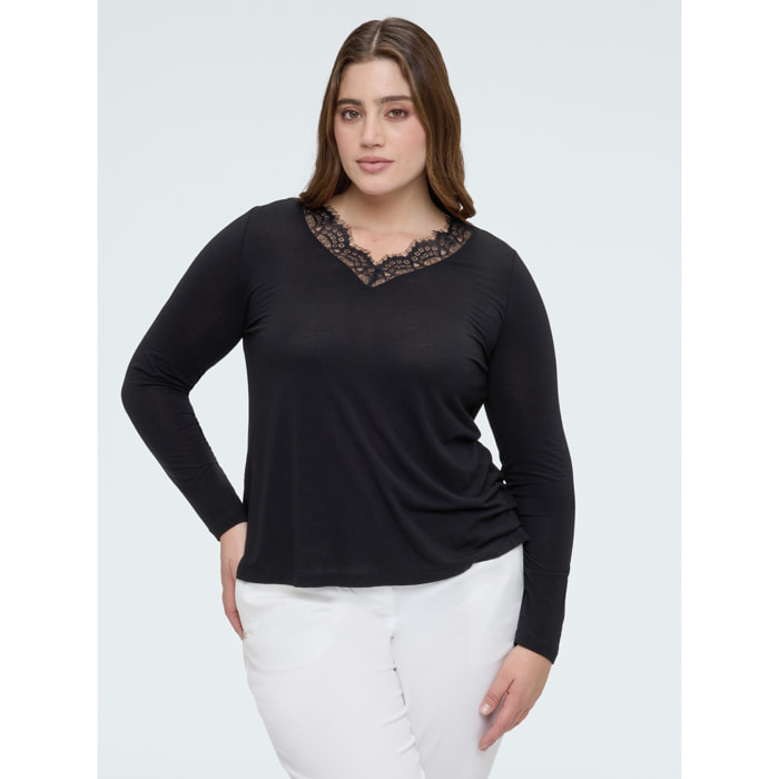Fiorella Rubino - Camiseta de mezcla de lana con encaje - Negro