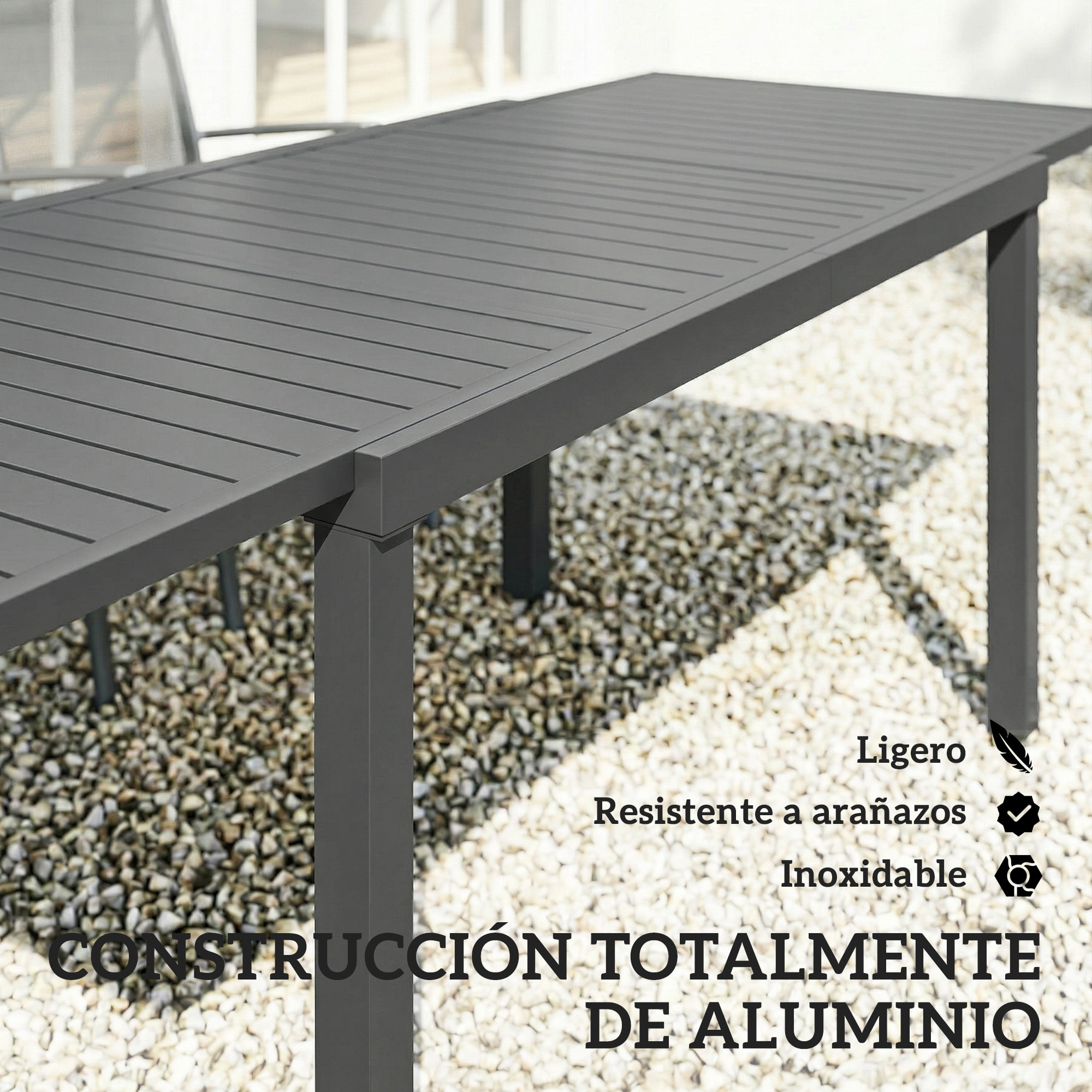 Mesa de Jardín Extensible 150/225x85x75 cm, Mesa de Comedor Exterior Extensible Rectangular de Aluminio, con Tablero de Listones para 6-8 Personas, para Patio, Terraza, Gris Oscuro