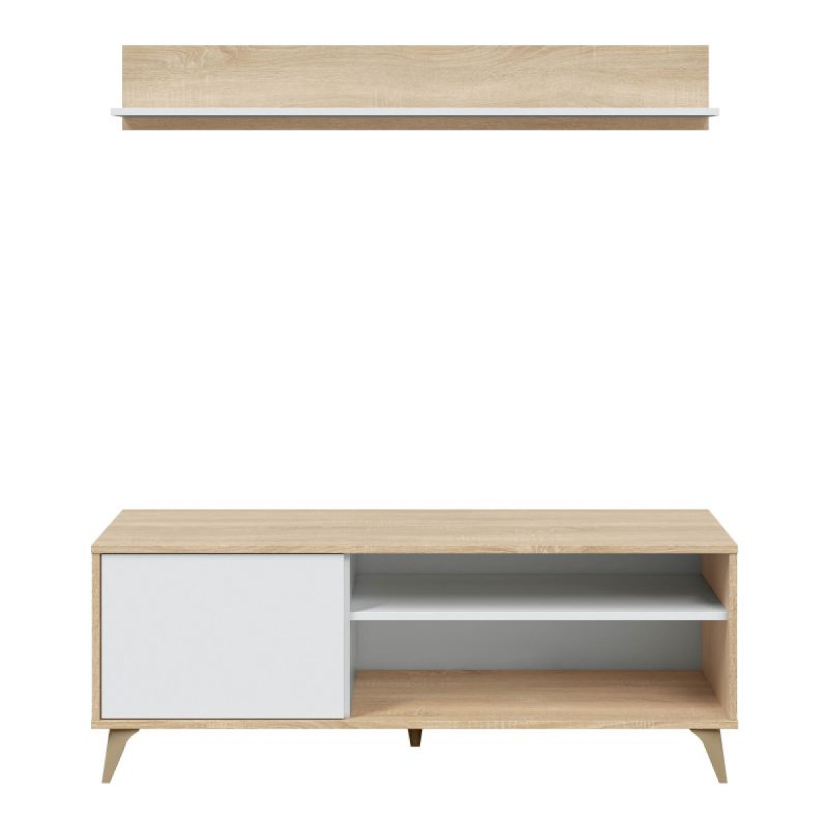 Mueble TV con estante Kikua Plus Blanco Artik (Blanco Mate) - Roble Canadian