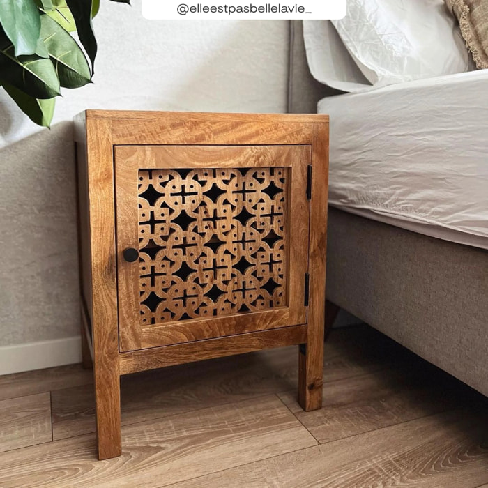 Table de chevet ajourée en bois de manguier - Jaya
