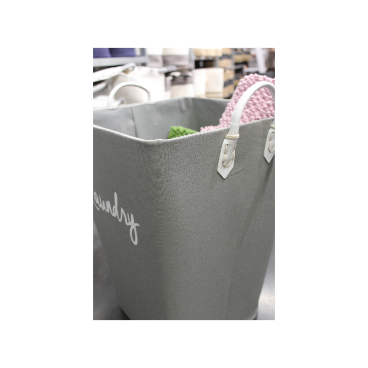 Panier à linge rigide avec poignées recouvert en tissu gris - LAUDY 2