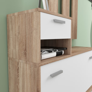 Mobile Belem Mobiletto da Ingresso con Scarpiera Appendiabiti e Specchio Arredo Arredamento Corridoio Entratina 97 x 35 x 25 cm (Bianco e Quercia)