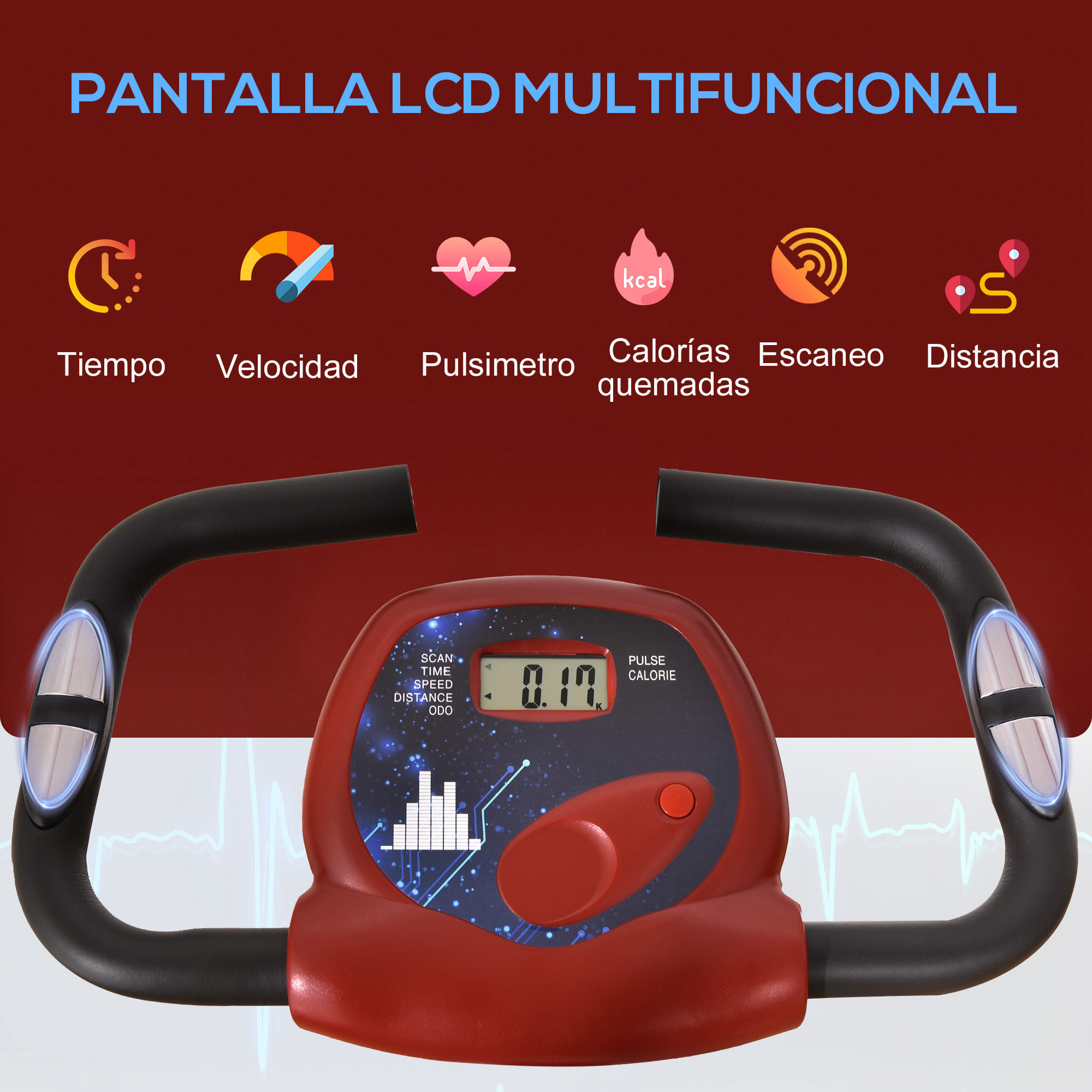 Bicicleta Estática Plegable con Respaldo, Bici Estática con 8 Niveles de Resistencia Magnética, Volante, Pantalla LCD, Pulsómetro, Sillín Ajustable, Carga 110 kg para Hogar Ahorra Espacio Rojo