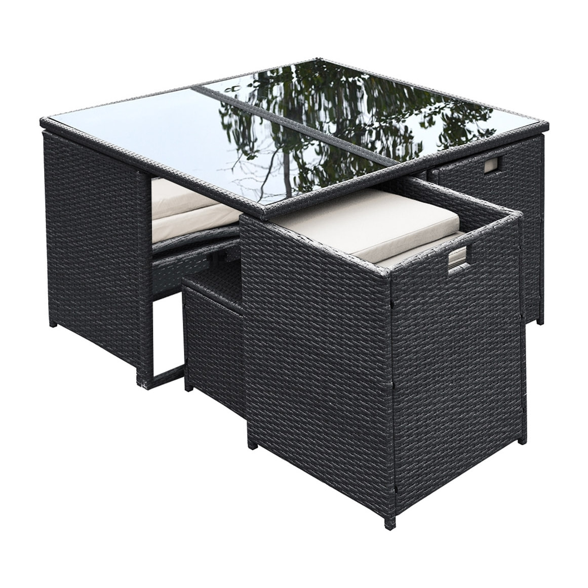 Table et chaises 8 places en résine tressée noir et blanc LOUISIANE