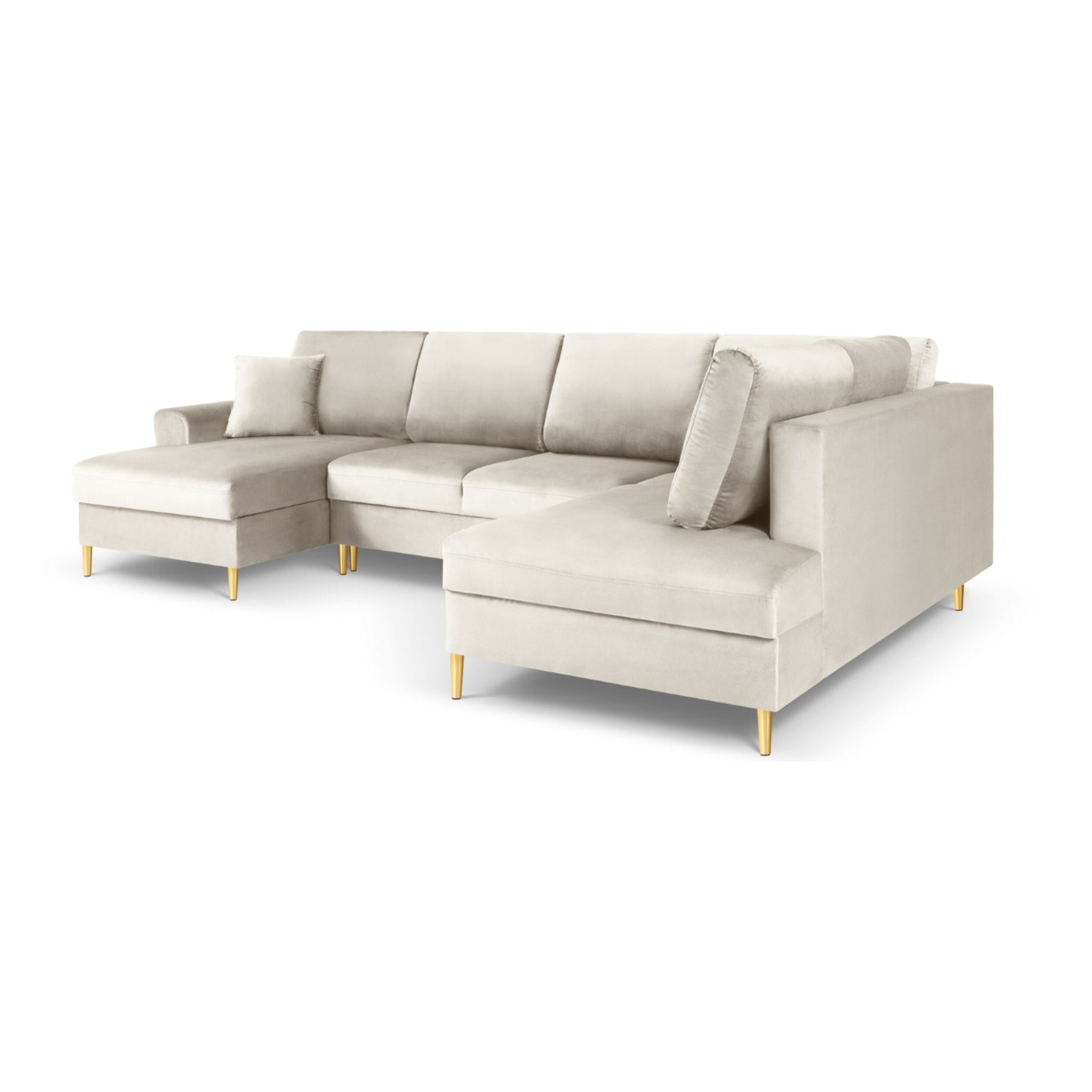 Canapé droit panoramique convertible avec coffre de rangement "Kyoto" 7 places en velours beige clair