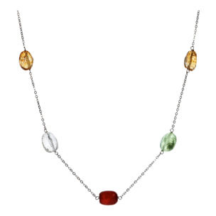 Collana Lunga Catena Rolo con Station in Petra Naturale Quarzo Multicolore in Argento 925 placcato Rodio