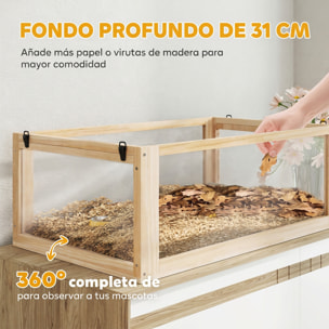 Jaula para Hámster de Madera 3 Niveles, Casa para Roedores Pequeños con Base Profundo Desmontable, Balancín, Rueda de Ejercicio, Rampas, Casita, Paneles Transparentes, Jerbos, Enanos, Natural