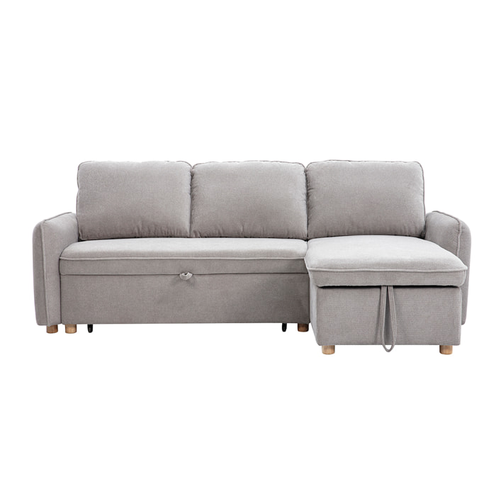 Canapé d'angle convertible réversible avec coffre 3 places en tissu chenille gris et bois clair ORSO