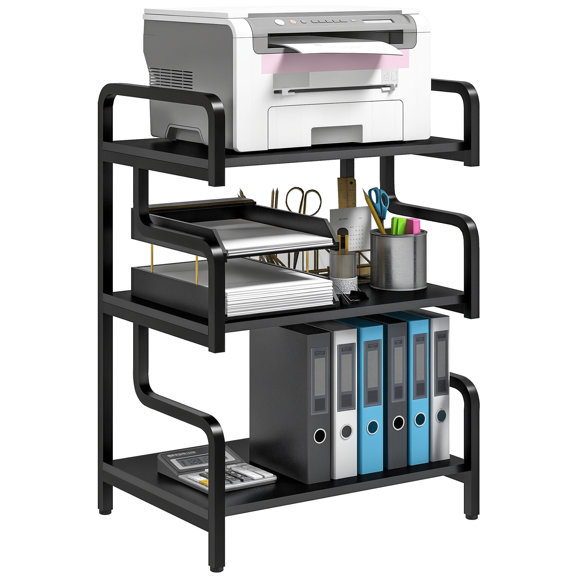 HOMCOM Soporte para Impresora de 3 Niveles, Mueble para Impresora con Marco de Acero, Estantería de Almacenamiento Multiusos para Escáner y Fax en Oficina, Casa, 55x40x77 cm, Negro