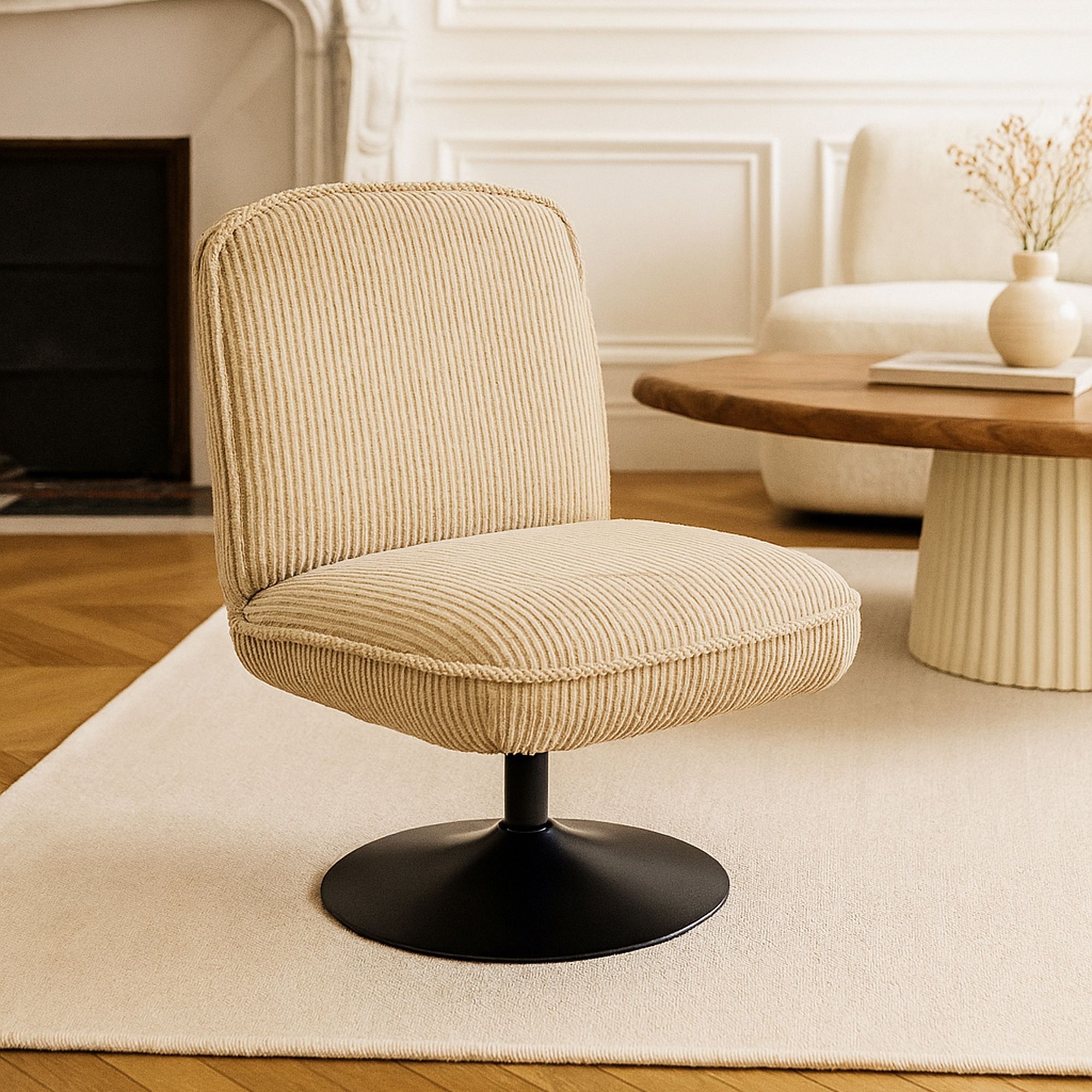 Fauteuil pivotant en velours beige et pied en métal noir FUNKY