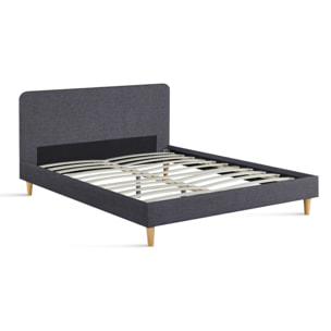 Lit Evy 160x200cm tissu gris pieds bois