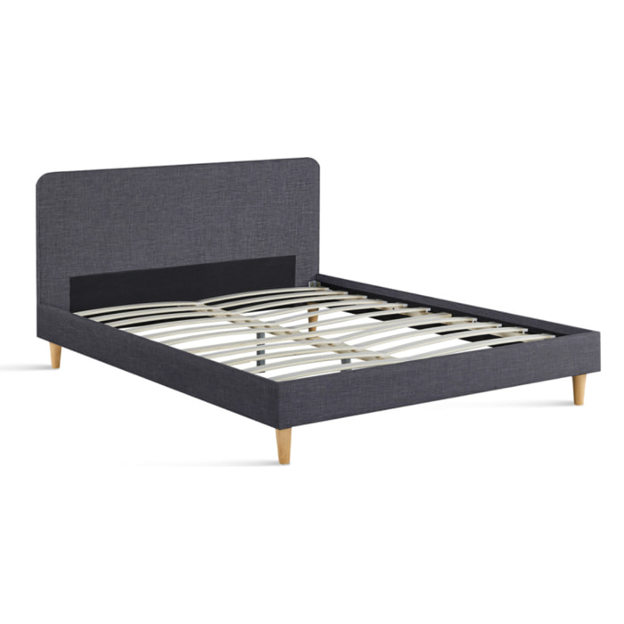 Lit Evy 160x200cm tissu gris pieds bois