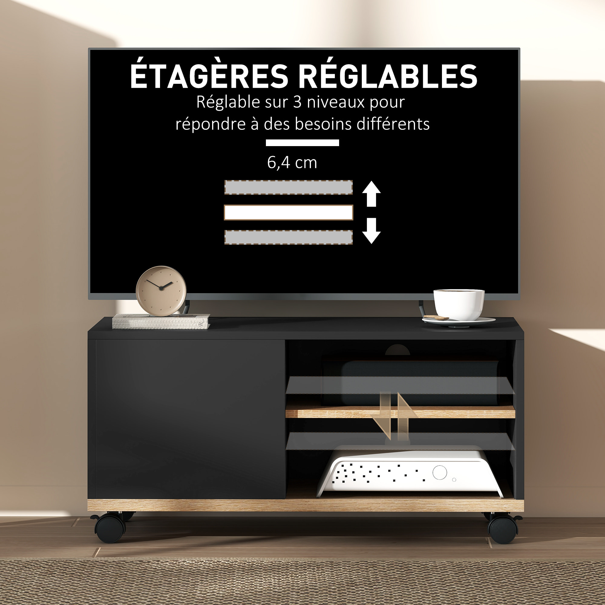 Meuble TV sur roulettes avec 2 freins - 2 niches + placard porte 2 passe-fil - panneaux particules noir chêne clair