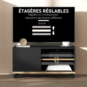 Meuble TV sur roulettes avec 2 freins - 2 niches + placard porte 2 passe-fil - panneaux particules noir chêne clair