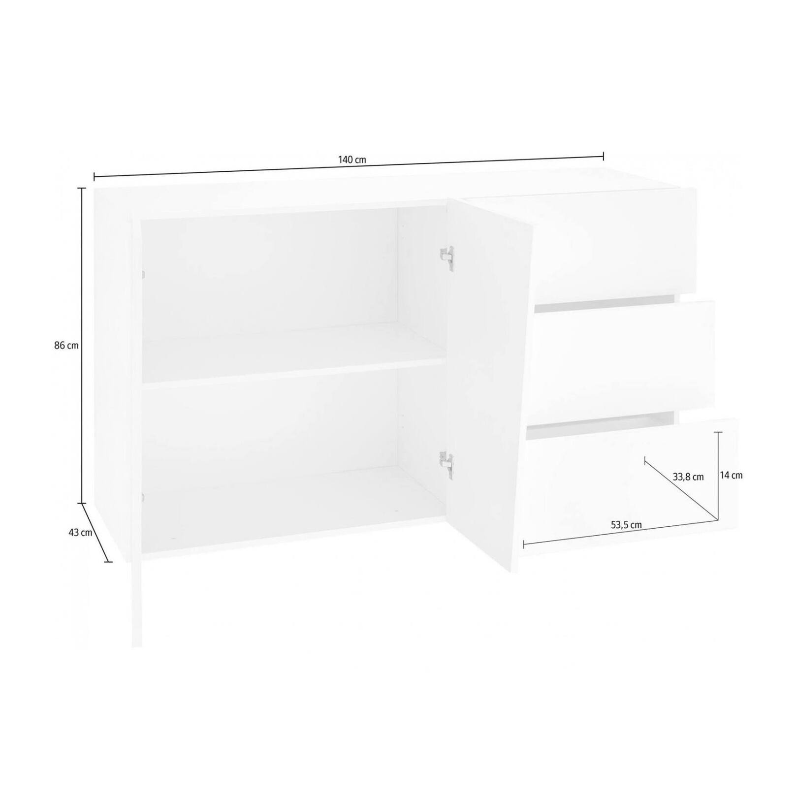 Credenza moderna a 2 ante e 3 cassetti, Made in Italy, Madia da cucina, Buffet di design da soggiorno, cm 141x43h86, colore Bianco lucido