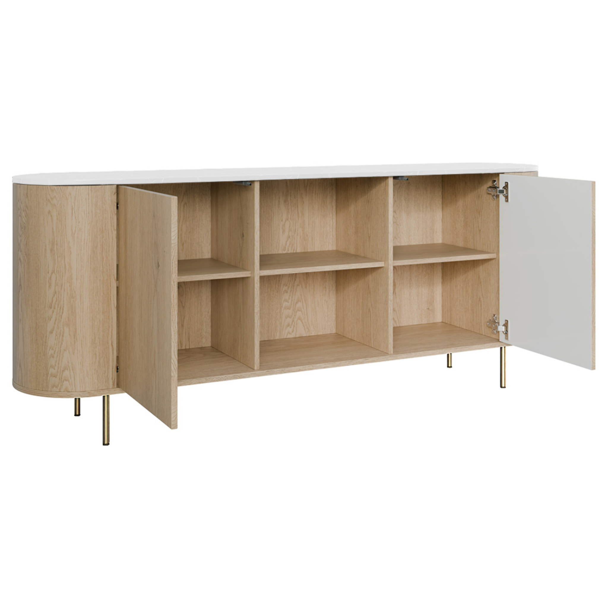 Sansa - buffet bas 184 cm - 2 portes, 2 niches et 2 étagères - plateau effet marbre - Bois / Blanc