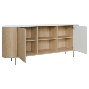 Sansa - buffet bas 184 cm - 2 portes, 2 niches et 2 étagères - plateau effet marbre - Bois / Blanc