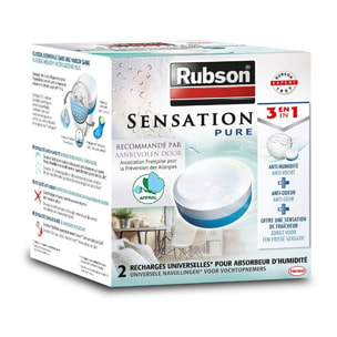 RUBSON - Absorbeur d'Humidité Sensation Pure (inclus 1 recharge) et 2 recharges universelles pour absorbeur d'humidité.