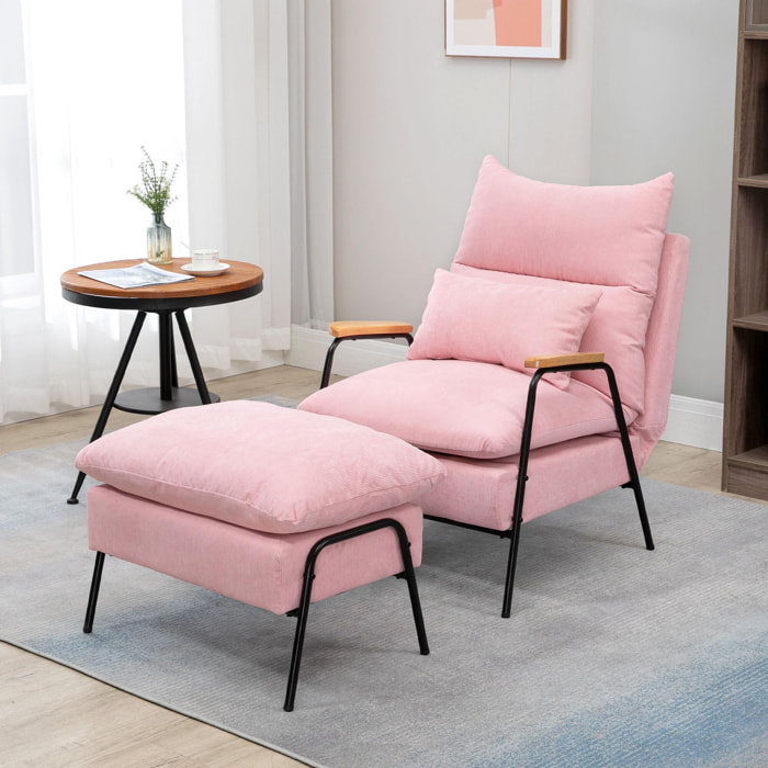 Sillón Relax con Reposapiés Sillón Reclinable con Respaldo Ajustable Tapizado en Pana Marco de Acero y Cojines para Salón Dormitorio 68x91,5x88 cm Rosa