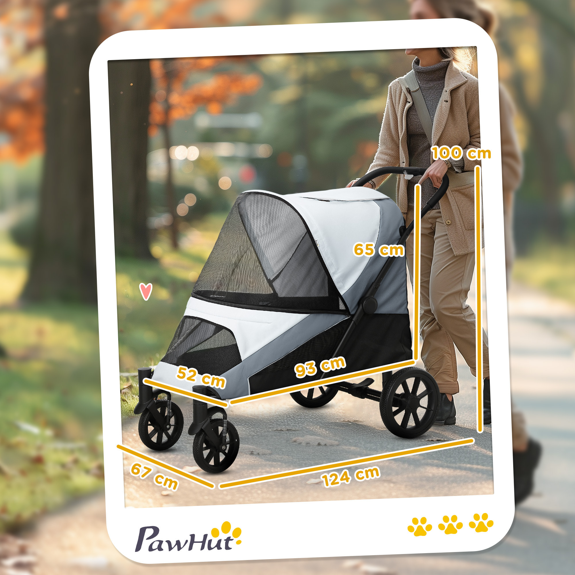 Carrito para Perros Plegable Cochecito para Perros Grandes hasta 30 kg con Ruedas Grandes Correas de Seguridad Marco Amortiguador Cojín Lavable 124x67x100 cm Gris