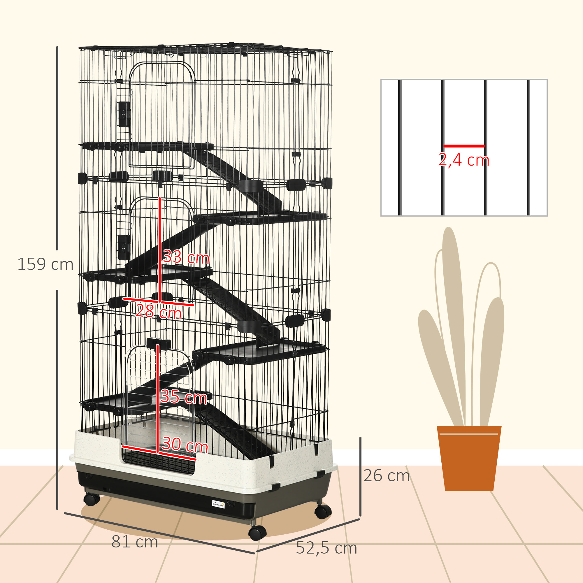 Cage pour cochons d'Inde chinchilla rongeur sur roulettes - 5 étages, 3 portes, plateau déjection - noir gris