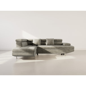 Margaux - Canapé d'angle gauche 5 places convertible avec coffre et têtières réglables en velours texturé - Vert