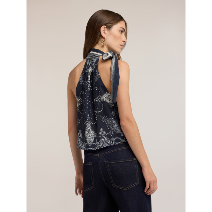 Motivi - Top in mussola di cotone con stampa - Blu