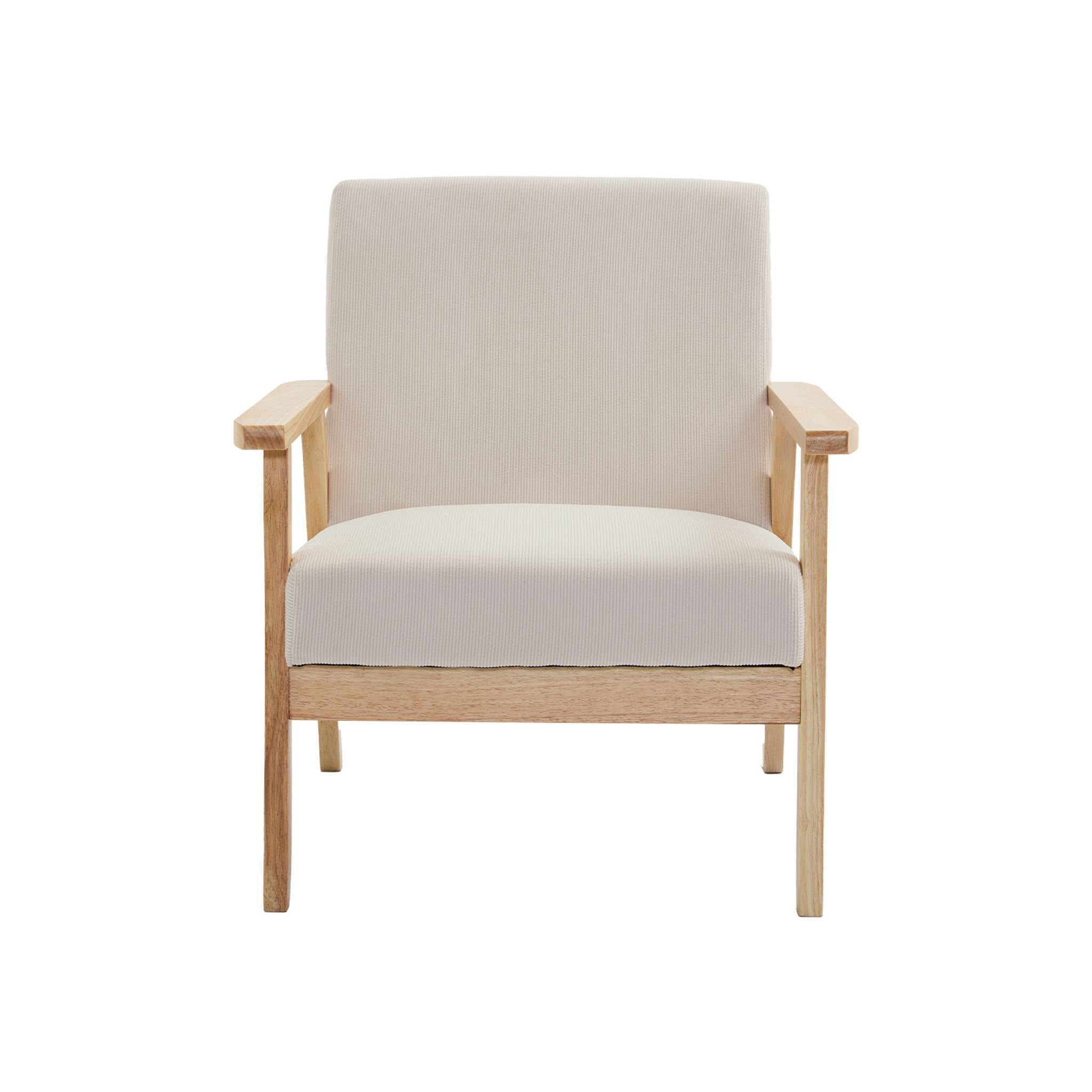 Canapé banquette 2 places + Fauteuil velours côtelé. pieds bois. crème