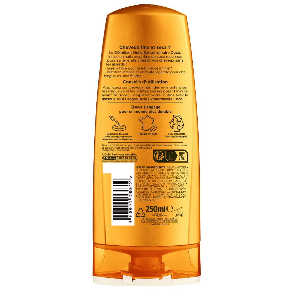 Lot de 6 - L'Oréal Paris Elseve Huile Extraordinaire Coco Démêlant Cheveux Fins et Secs 250ml