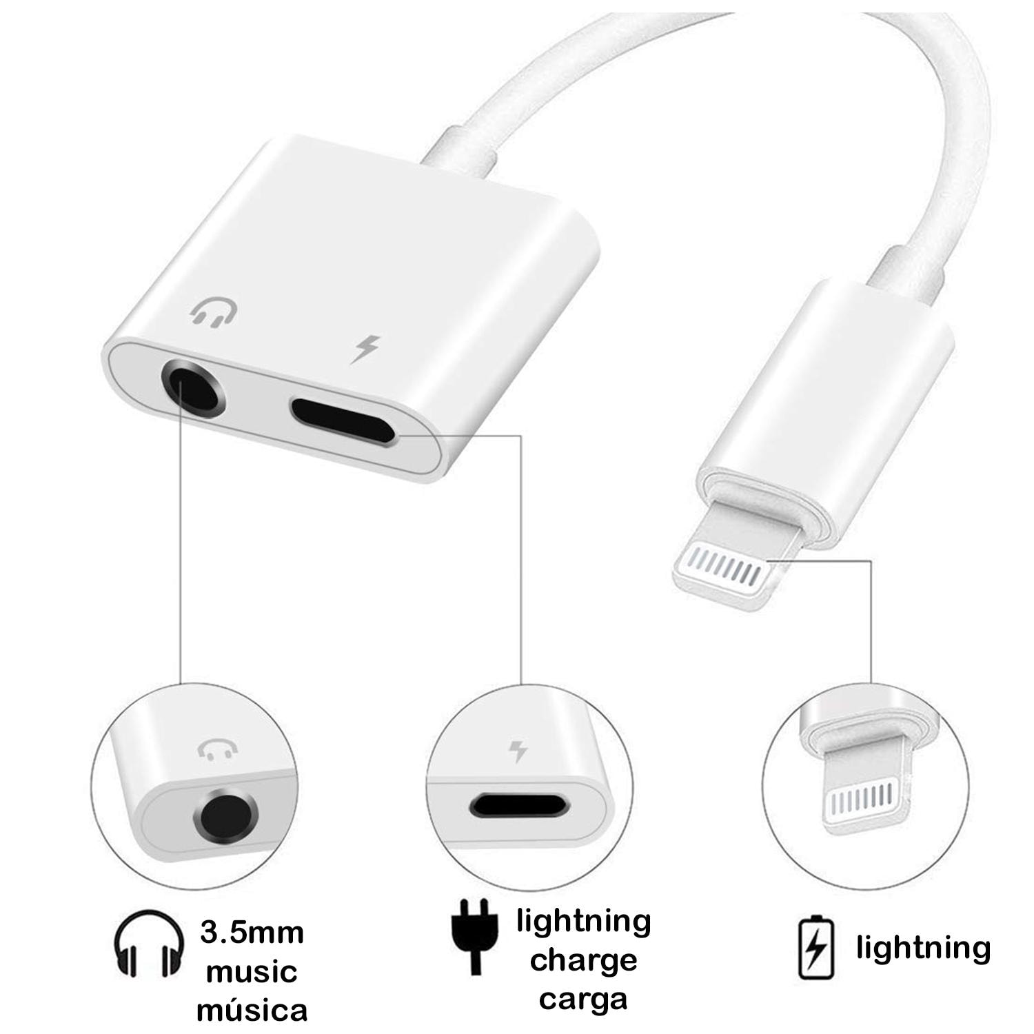 Adaptador Lightning macho a minijack 3,5mm y Lightning. Permite cargar y escuchar música simultáneamente.