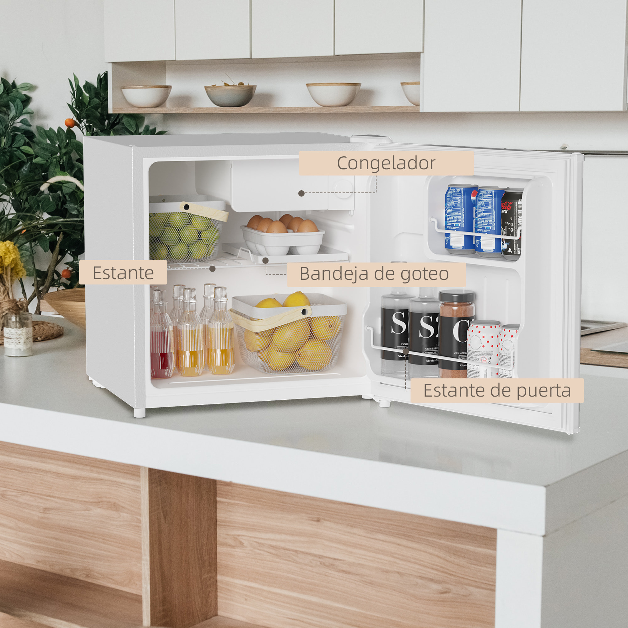 Mini Nevera Silenciosa 46 L Clase E Frigorífico Pequeño Nevera Pequeña con Temperatura Regulable y Puerta Reversible Bajo Nivel de Ruido y Consumo 48x44x49 cm Blanco
