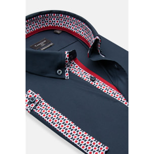 camicia uomo slim 1 bottone button down doppio collo Popeline Stretch Unito Blu