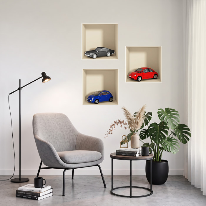 Stickers muraux 3D | Sticker Mural Autocollant effet 3D voitures 3 couleurs - Stickers adhésifs 3D Chambre Salon Trompe l'oeil